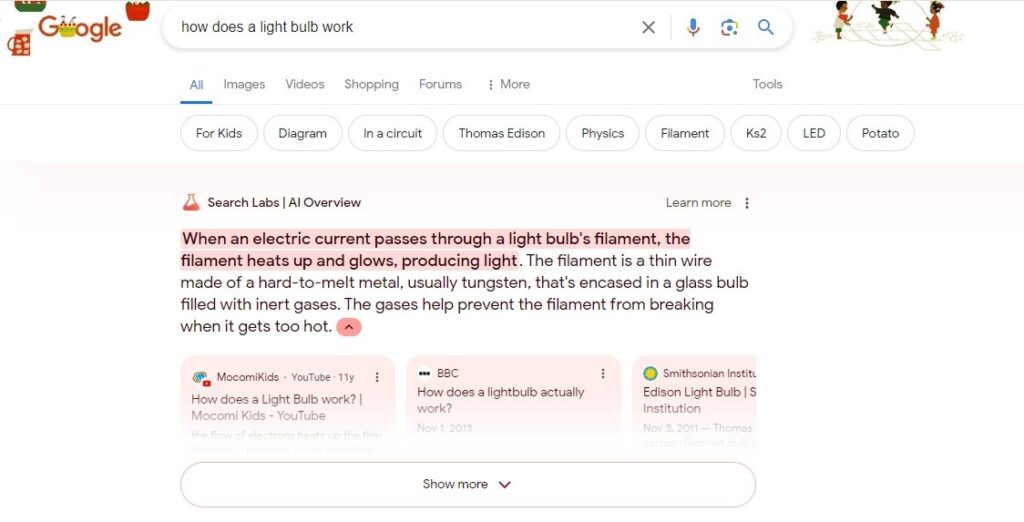 Exemple d'AI overview pour une requête Google